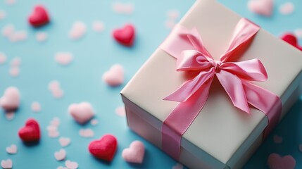 A wrapped gift box with a pink ribbon and hearts scattered around