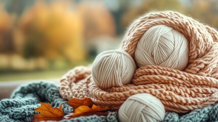 Craft knitting hobby background with yarn in natural colors.