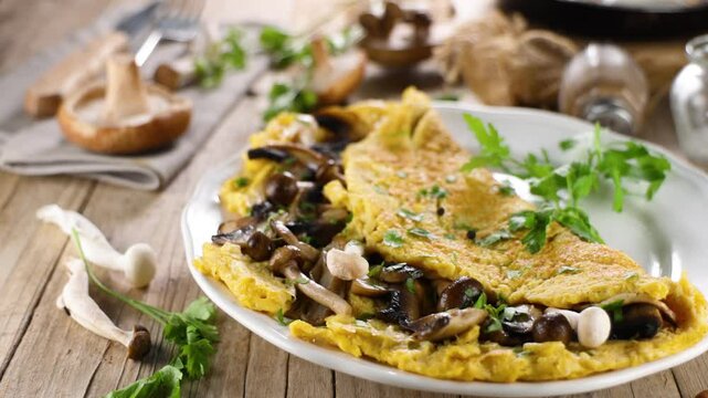 Plate of mushroom omelette. Perfect for a healthy breakfast and vegetarian meal options