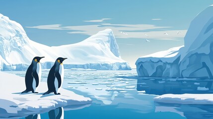 Two penguins standing on icebergs in the arctic.