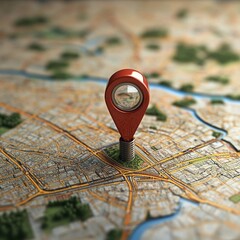Icono de ubicación sobre mapa de ciudad con enfoque selectivo, representación de navegación y geolocalización