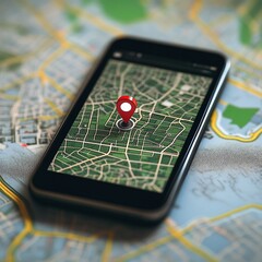 Mapa digital con icono de ubicación en smartphone, concepto de navegación y geolocalización móvil