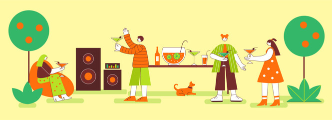 Friends gather at park for a lively party featuring colorful drinks, music, and cheerful interactions amidst a vibrant summer atmosphere.