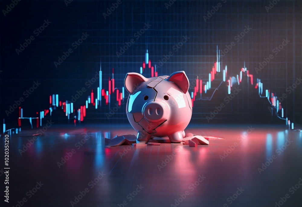 Poster a broken piggy bank sits on a reflective surface, with a stock market graph displayed on the wall be