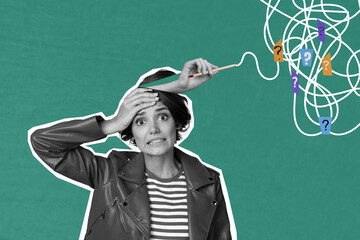 Composite artwork collage image picture of worried minded girl arm pencil question mark inside head...