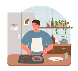 Man is cooking in a comfortable kitchen, stirring ingredients in a pan. The space is bright and inviting, featuring plants and personal touches that create a homey atmosphere.