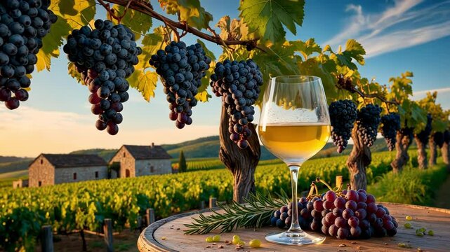 Grapes and wine set in a serene vineyard during sunset, emphasizing beauty and tranquility through soft lighting and natural elements