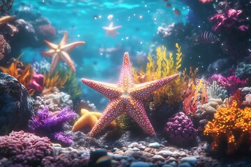 Vibrant underwater scene with colorful coral and starfish in a marine environment.
