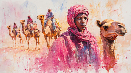 Fototapeta premium Pink watercolor painting of people with camels at Sahara desert