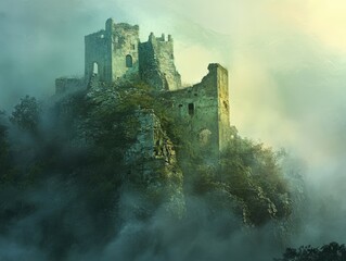 Naklejka premium Ruined stone castle on a misty cliff.