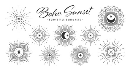 Vintage sunburst, sunset beams collection. Boho style, modern minimalist bohemian design. Hand drawn bursting sun, light rays. Logotype or lettering design element in retro style. Vector illustration