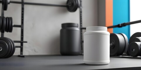 A protein powder container on a fitness studio background