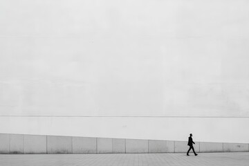 Man walks in front of white wall.