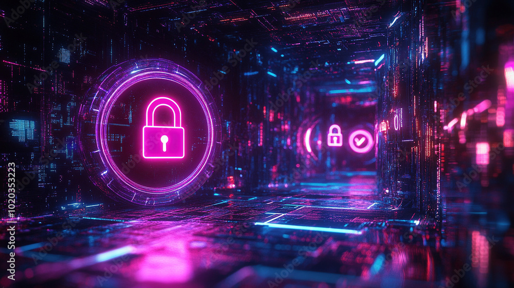 Poster cyber security network. digital padlock icon. futuristic technology. data security. abstract digital