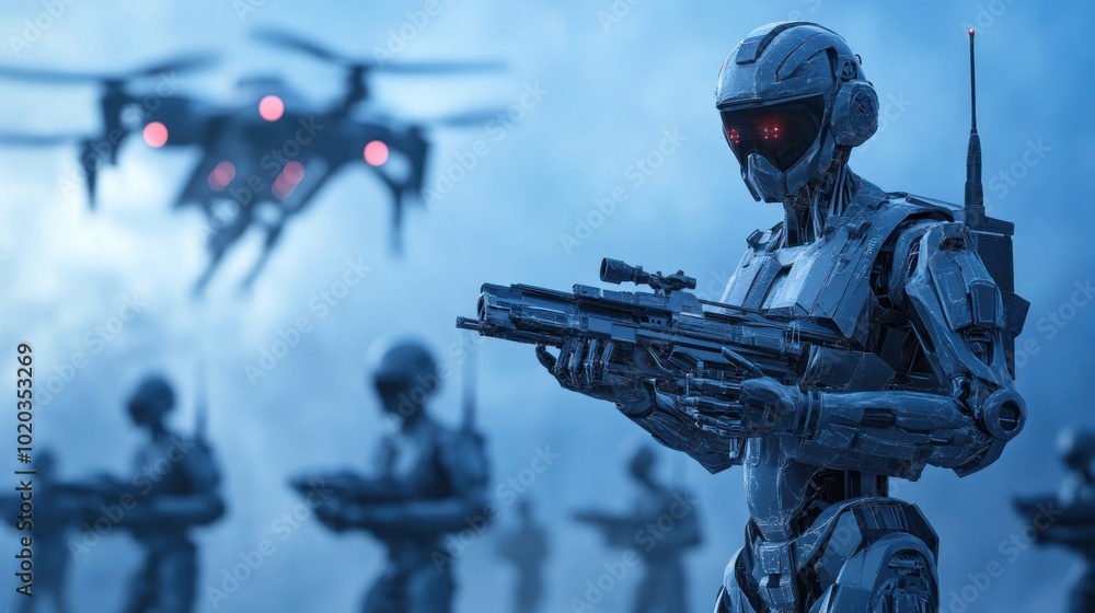 Poster military defense automation and robotics in battlefield technology, improving operational efficiency