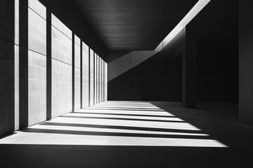 Sunlight streaks through a concrete hallway.