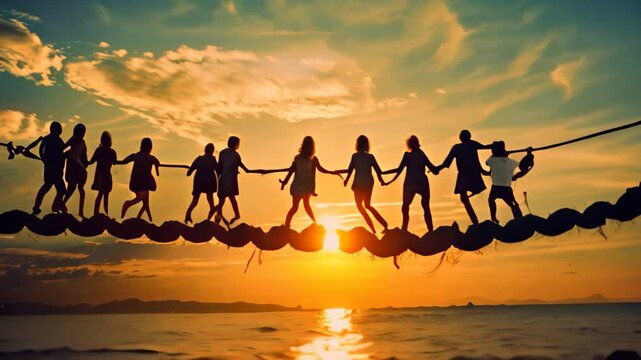 Silhouettes of a team participating in a rope bridge exercise at sunset, Building trust and camaraderie within a team