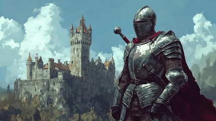 Fototapeta premium A knight stands before a medieval castle.