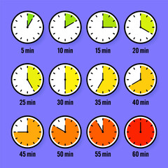 Stopwatch icons. Colorful simple chronometer, time counter with dial. Countdown timer showing hours and minutes. Deadline, measurement for sport. Cooking time label, sticker. Vector illustration