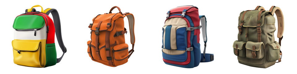 Set of a backpack, various color, isolated on a transparent background.