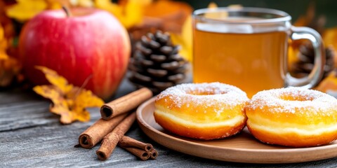 Cozy Autumn Scene with Apple-Powdered Sugar Doughnuts and Orchard-Themed Background