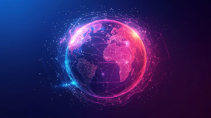 Fototapeta premium Global connectivity. Abstract digital world with glowing circuit board and globe. Digital technology. Global network concept for internet of things. Futuristic network technology. World map with tech