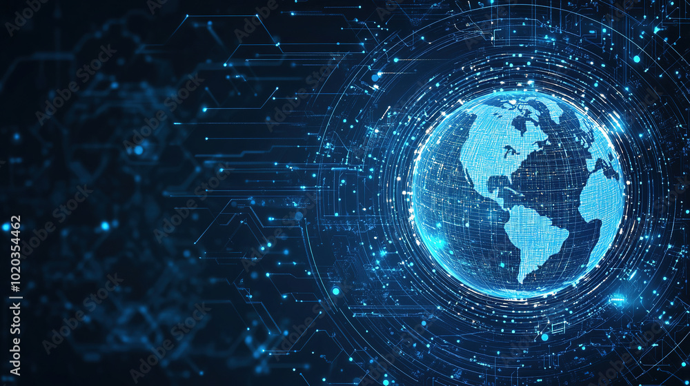 Poster global connectivity. abstract digital world with glowing circuit board and globe. digital technology