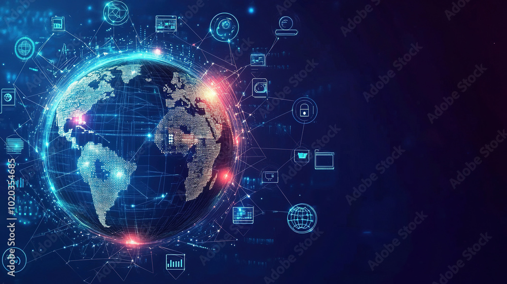 Poster global connectivity. abstract digital world with glowing circuit board and globe. digital technology