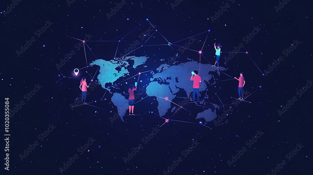 Poster digital map of the world with icons representing people connecting. global network and connectivity 