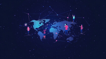 Digital map of the world with icons representing people connecting. Global network and connectivity in digital marketing. World communication. Social Network with World Map. Online community tech