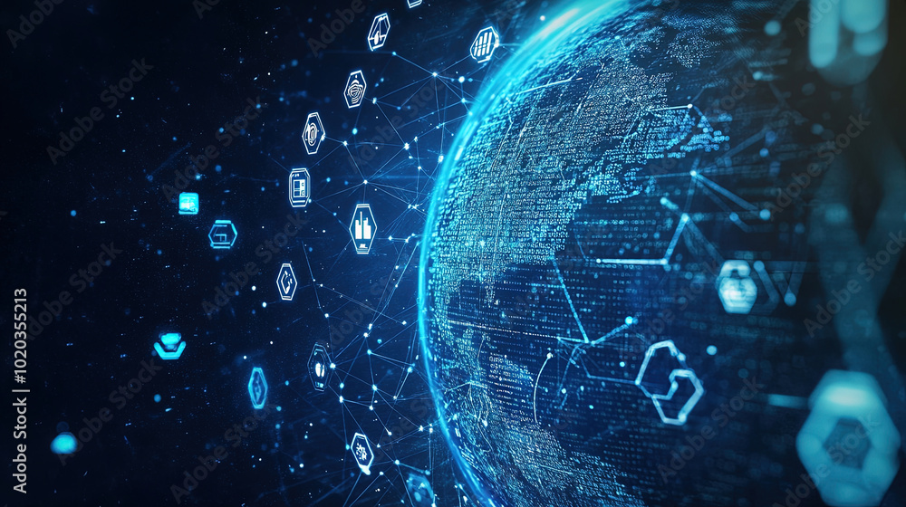 Poster global connectivity. abstract digital world with glowing circuit board and globe. digital technology