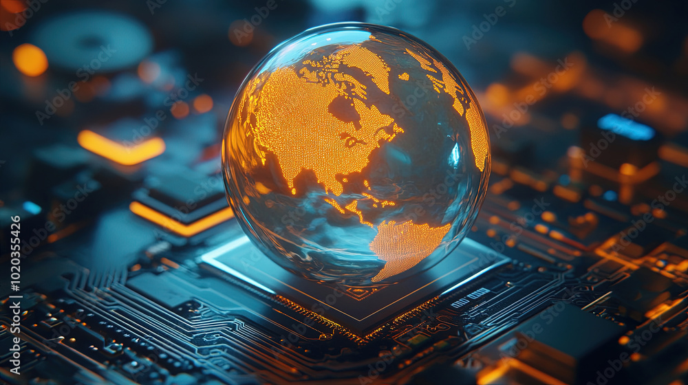 Poster global connectivity. abstract digital world with glowing circuit board and globe. digital technology