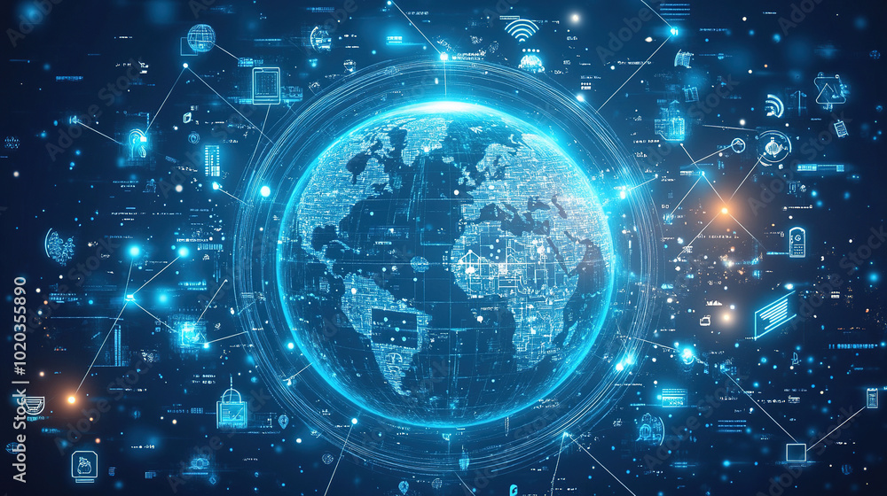 Poster global connectivity. abstract digital world with glowing circuit board and globe. digital technology