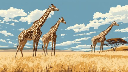 Three giraffes in a grassy savanna under a blue sky.