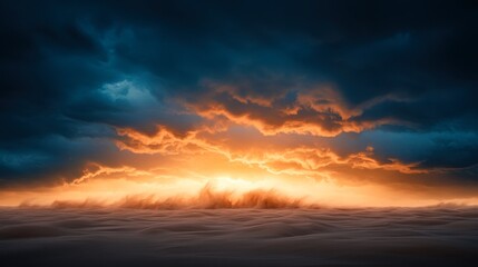 Fototapeta premium A dramatic sunset casts vibrant orange and yellow hues over a calm ocean, framed by dark, moody clouds, This image is perfect for themes of tranquility, nature, and the beauty of the environment,