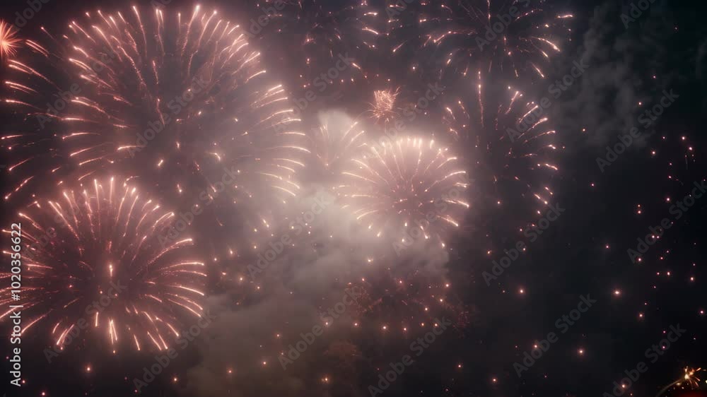 Poster fireworks explode in the night sky, creating a dazzling display of light and color, bursting firewor