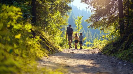 Fototapeta premium Family Hiking on Forest Trail Amidst Vibrant Greenery