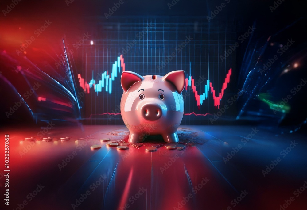 Poster a pink piggy bank sits in the foreground with a gridded chart behind it. the chart is lit up in red 
