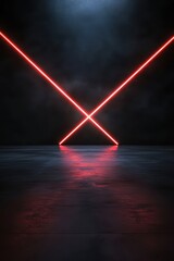 A dark, minimalistic environment is illuminated by striking red laser beams crossing each other overhead, creating a dramatic effect ideal for backgrounds, music events, or futuristic themes,