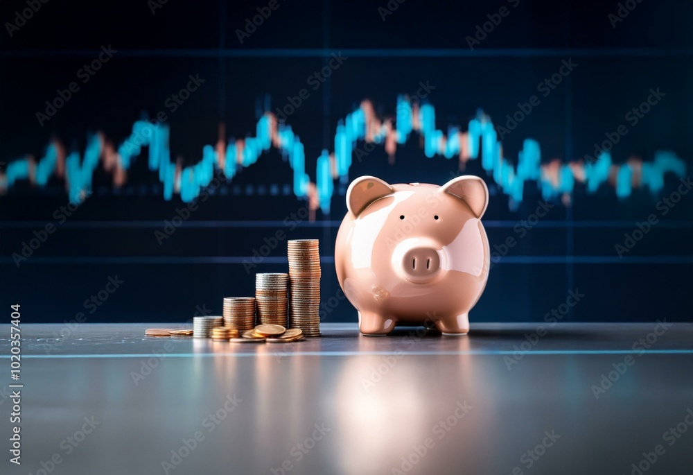 Aufkleber piggy bank sits in front of a stack of gold coins and a blurred background of a financial chart.