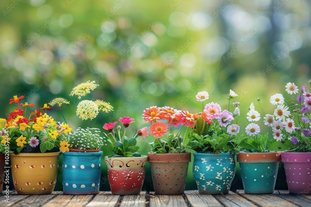 Poster a variety of beautiful flowers in decorative pots line a wooden deck, creating a cheerful display ag