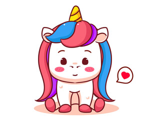 Cute Unicorn sitting cutely Cartoon Vector. Adorable and Kawaii Animal Concept Design. Hand drawn style. Icon Mascot Logo Illustration. Isolated White Background.