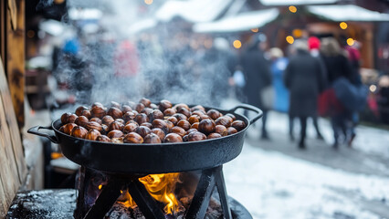 Roasted chestnuts, street food in winter at the market