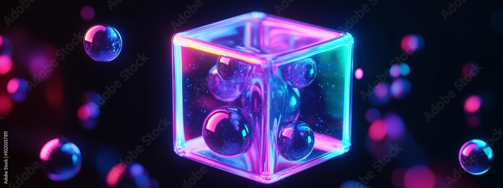 Poster a glowing cube with bubbles suspended in vibrant colors creates a mesmerizing visual effect in a dar