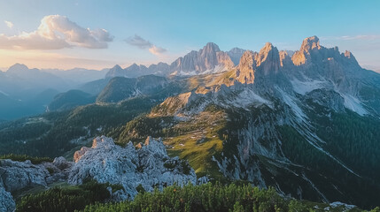 Alpine Landscape Panorama in the Evening, Herzogstand Mountain: A panoramic view of an alpine landscape at evening, featuring the Herzogstand mountain and a serene, twilight atmosphere.