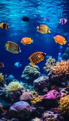 Obraz premium Vibrant Coral Reef Ecosystem. Underwater Colorful Fishes in Aquarium. Ocean Life Scene.