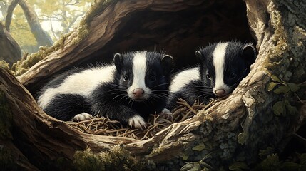 Two young badgers nestled in a cozy nest within a tree hollow.