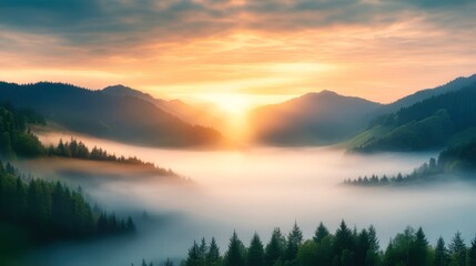 Fototapeta premium A tranquil landscape featuring mountains enveloped in mist at sunrise, creating a serene atmosphere ideal for nature-themed projects, meditation, or relaxation visuals,