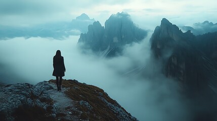 A lone woman stands on a mountaintop, gazing out at a breathtaking view of fog-covered peaks.