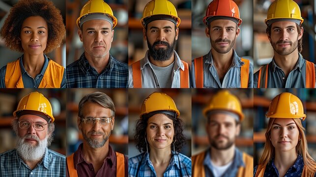 Diverse Group of Construction Workers in Safety Gear Posing Indoors at a Job Site